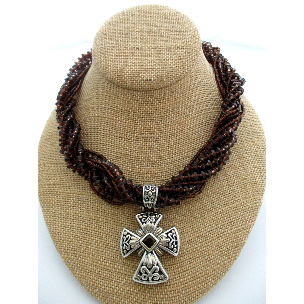 Vintage MX Multi Strand Amber Glass Beads Maltese Cross Torsade Necklace